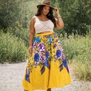 Ashley Stewart Yellow Floral Maxi Skirt 2X A Line Boho Cottagecore